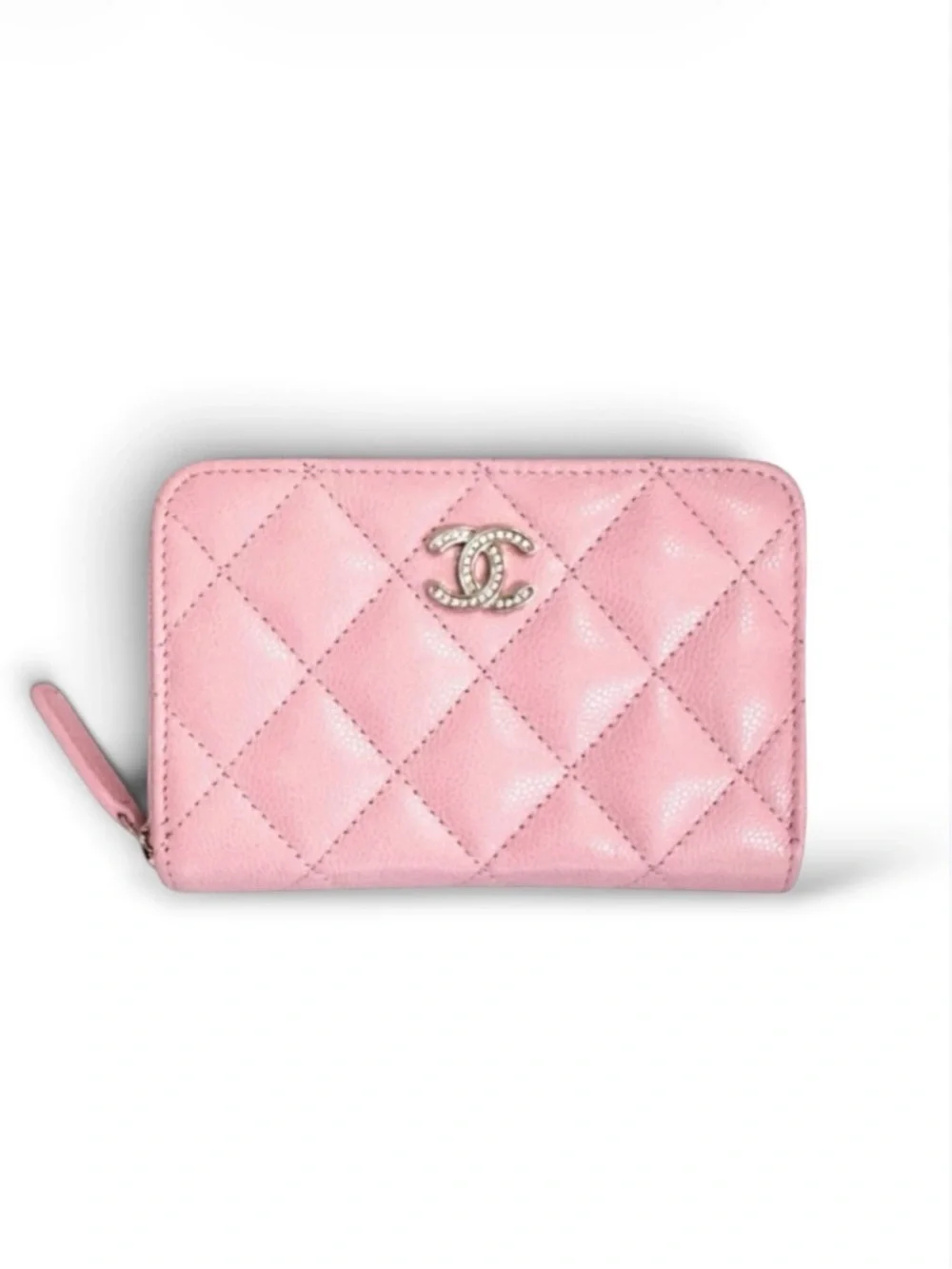 🆕💗CHANEL Grained Calfskin (CAVIAR) Zipped Coin Purse Strass CC Logo GHW • PINK